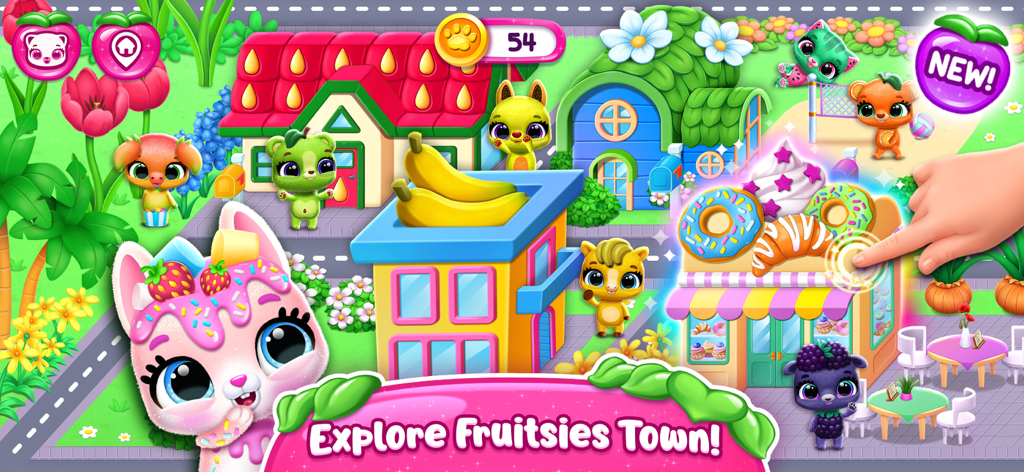 Fruitsies - Pet Friends - A colorful view of Fruitsies Town featuring cute fruit-themed pets and interactive buildings
