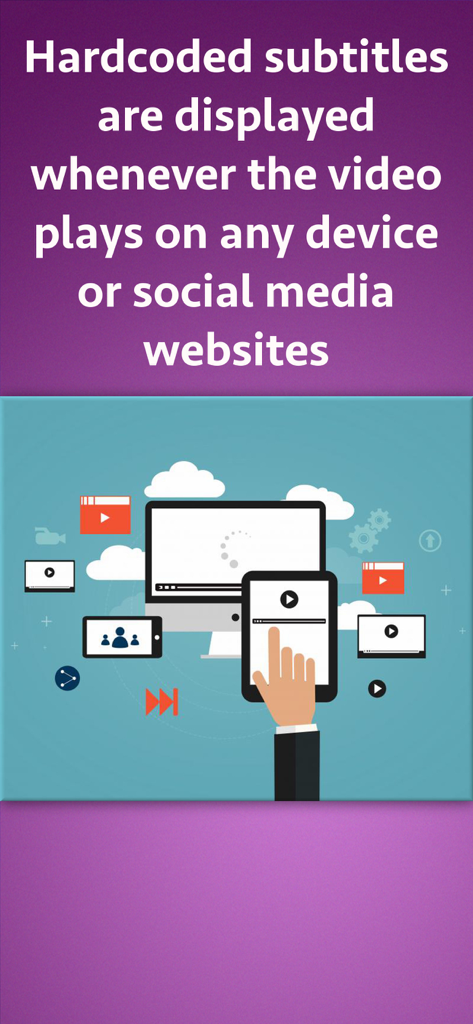 Video Subtitle Hardcoder - An illustration showing videos with hardcoded subtitles playing across various devices including a computer, tablet, and smartphone.