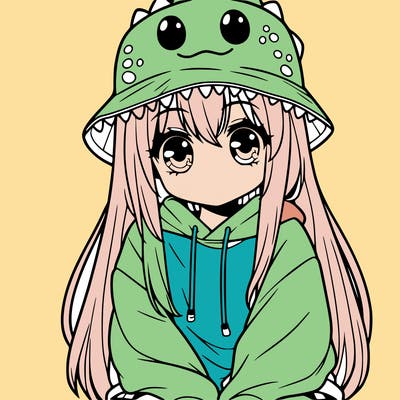 girl with anime shaped eyes with a dinosaur bucket hat oversized sweatshirt long straight hair