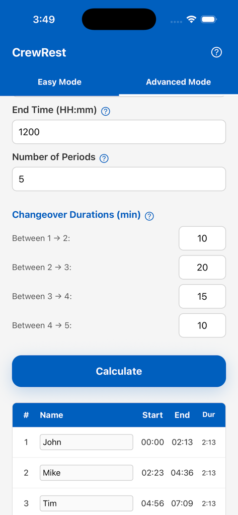 Crew Rest Calculator - Crew Rest Calculatorアプリの高度モード画面。フライトクルーメンバーのシフトローテーションと休息期間が表示されています。