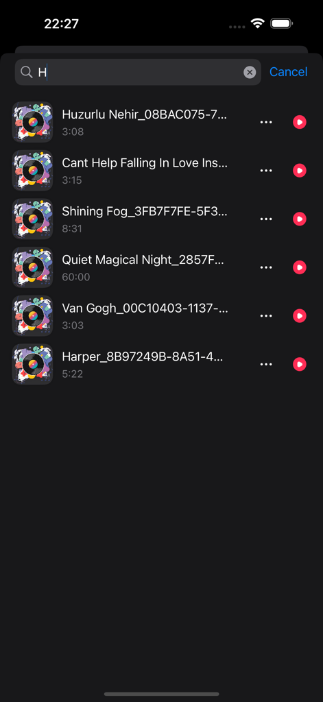 Search interface of the Music Player and MP3 app showing a list of available tracks with titles and play buttons