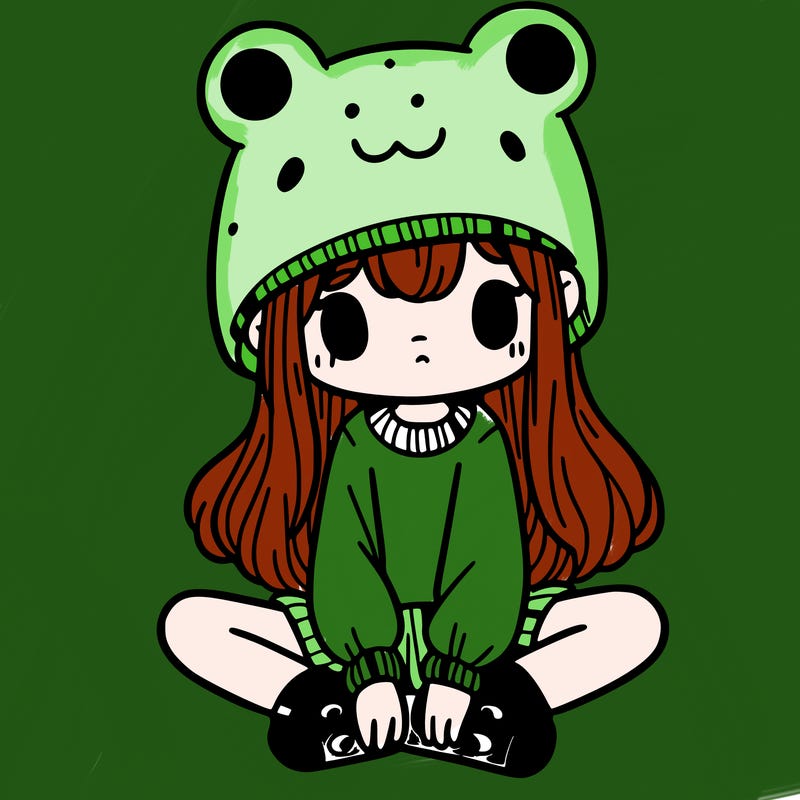 a girl wearing a frog hat and some frog socks