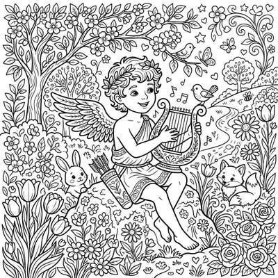 Celebrate the vibrant spirit of spring with this enchanting coloring page featuring Cupid playing a lyre amidst a garden in full bloom. Discover a delightful scene filled with playful animals and musical notes, perfect for bringing joy to your day.