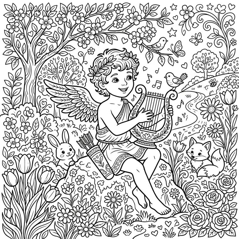 Celebrate the vibrant spirit of spring with this enchanting coloring page featuring Cupid playing a lyre amidst a garden in full bloom. Discover a delightful scene filled with playful animals and musical notes, perfect for bringing joy to your day.