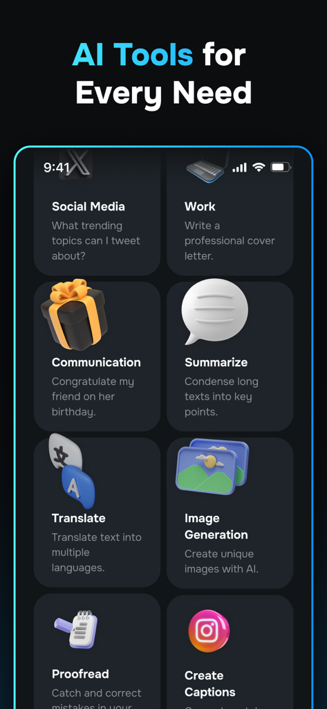 ChatPro - AI Chatbot Assistant - ChatPro app screen showcasing AI tools for social media work summarization and image generation