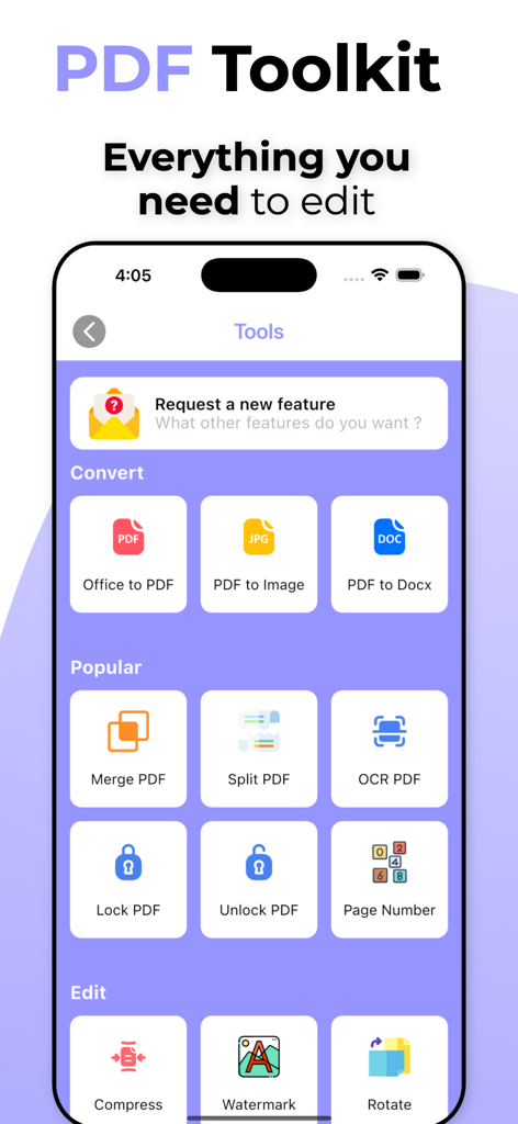 PDF Converter , word to pdf - A mobile app interface displaying a variety of PDF management tools including conversion, merging, OCR, and document security features.