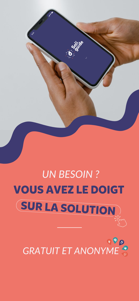 Soliguide - Hands holding a smartphone showing the Soliguide logo and French text about free and anonymous social solutions.