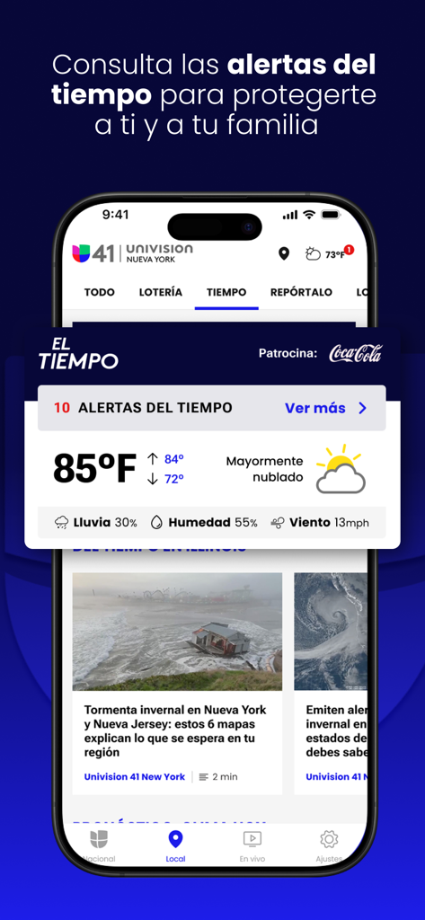 Univision Noticias - 스마트폰 화면, Univision Noticias 앱의 날씨 섹션 표시, 지역별 일기 예보 및 긴급 알림 스페인어 제공