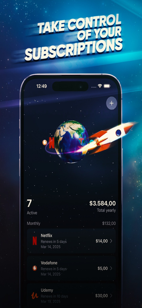 Rocket - Subscription Tracker - Dashboard of the Rocket app on an iPhone displaying active subscriptions and total yearly spending