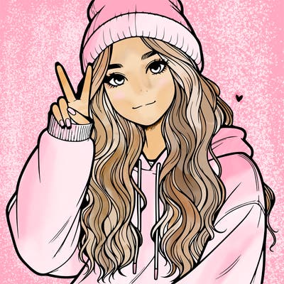 a teenage girl in a beanie, oversized sweatshirt, wavy long hair, and is showing a ✌️