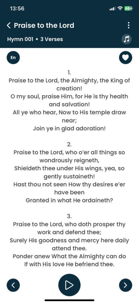 Seventh Day Adventist Hymnal - English lyrics for Hymn 001 Praise to the Lord in the SDA Hymnal app.