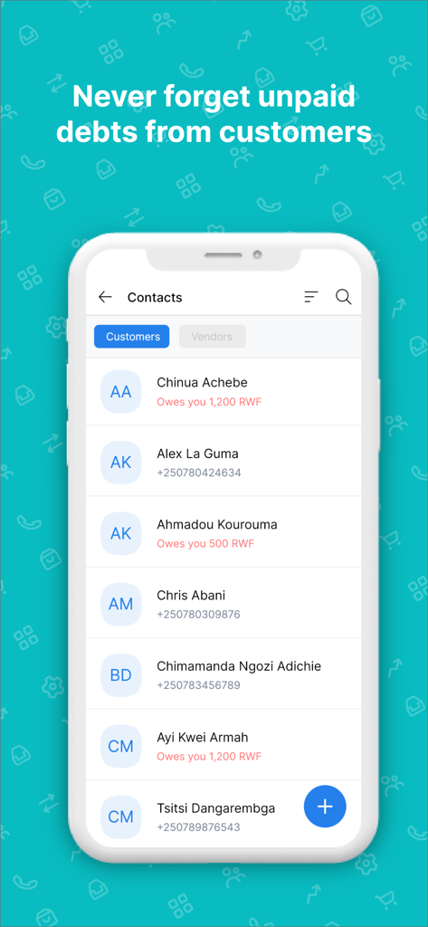 Kayko app interface displaying a list of customer contacts with markers for unpaid debts