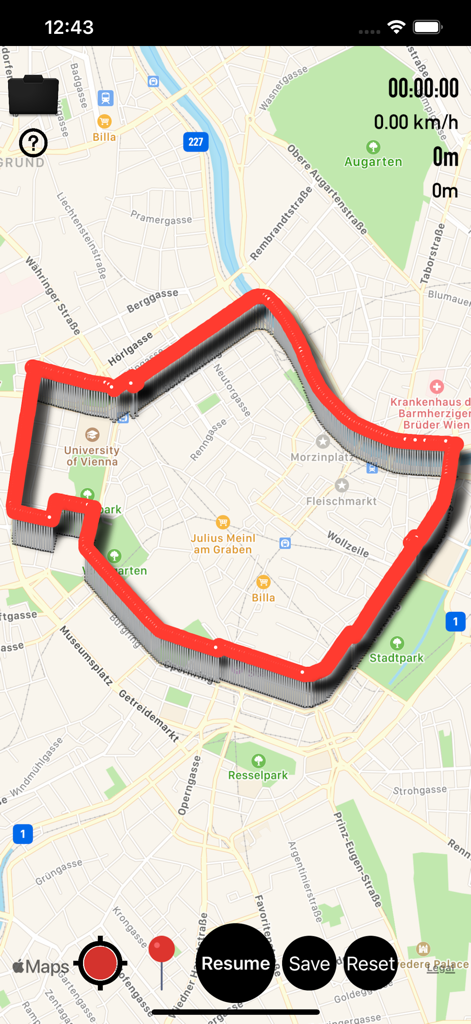 GPX Viewer app interface showing a red tracked path on a city map with navigation controls