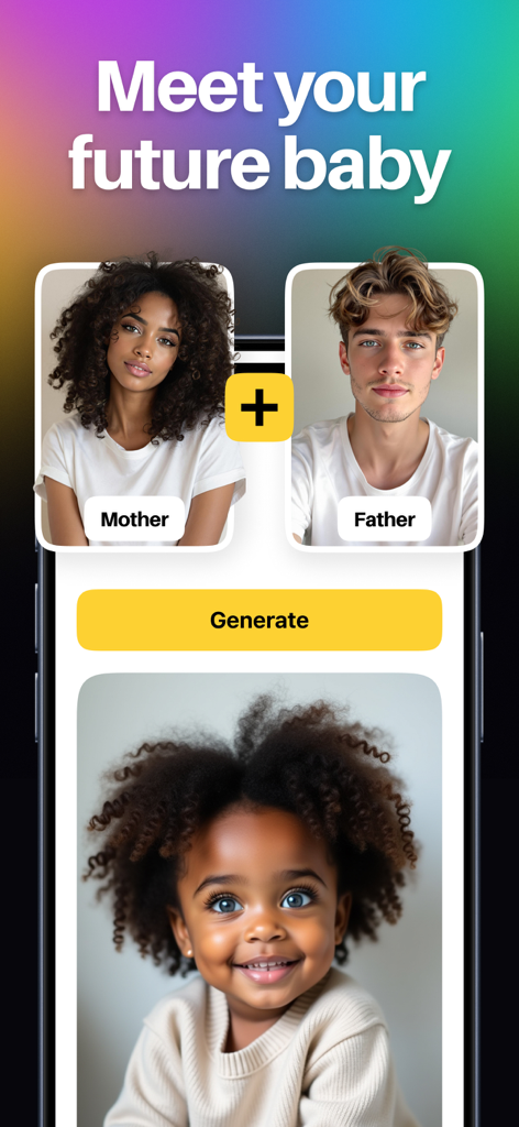 Crisp - AI Photo Enhancer - Interface of the Crisp AI Photo Enhancer app showing the Future Baby feature where a child photo is generated from parent images
