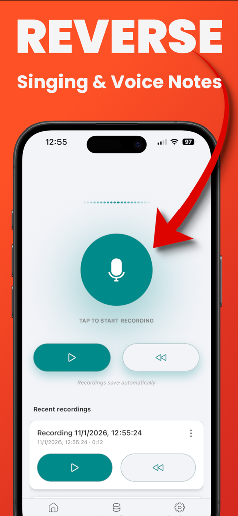 Smartphone displaying the Reversio app interface with a central recording button and audio playback options