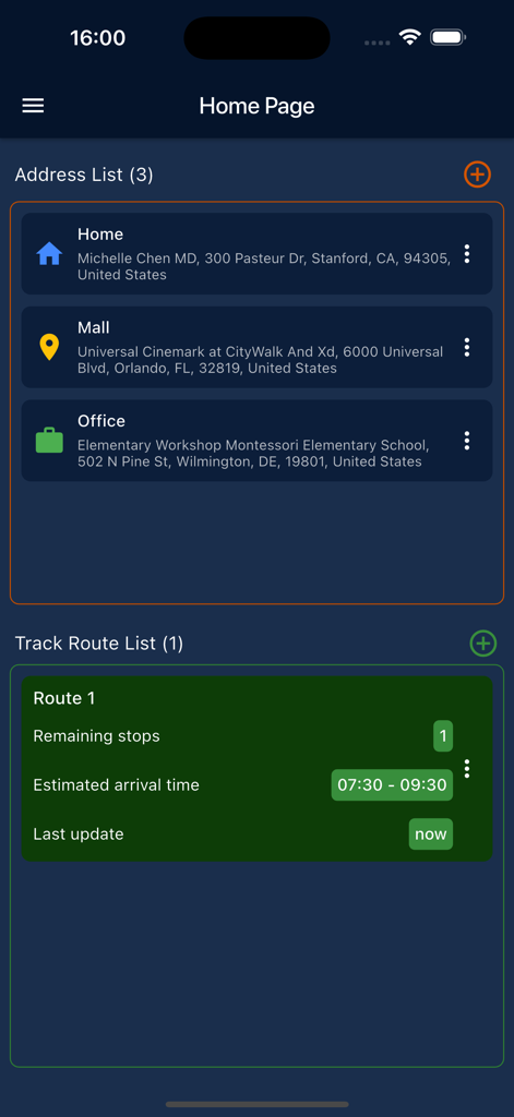 Routin Customer app home screen showing a list of saved addresses and real time route tracking with estimated arrival time