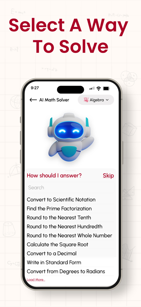 Math AI - Solve Math Problems - Pantalla de la aplicación AI Math Solver que muestra varias opciones de solución matemática como notación científica y factorización prima