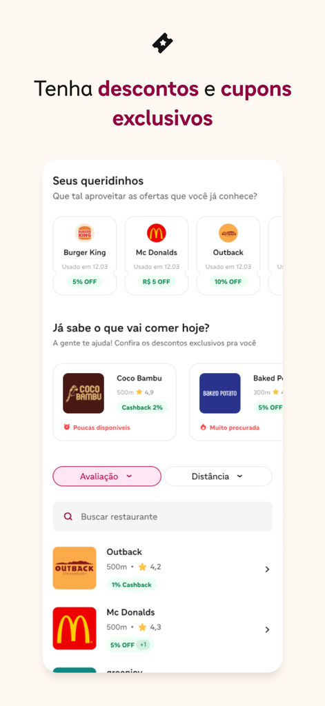 iFood Benefícios - Screen of iFood Beneficios app featuring exclusive discounts and coupons for restaurants like Burger King and McDonalds
