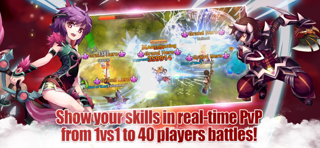 Batalha PvP em tempo real no Flyff Legacy apresentando personagens de anime e efeitos de combate