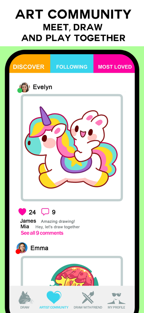 Drawing Vibe: Learn to draw - Drawing Vibe app social feed showing a unicorn illustration with likes and comments from the community