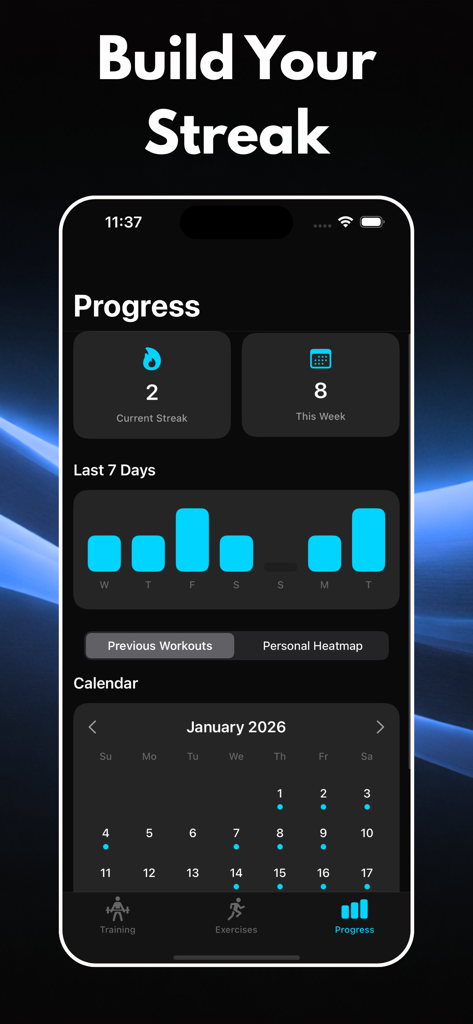 Calisthenics: CaliFit - CaliFit app progress dashboard displaying workout streaks weekly activity bar chart and training calendar