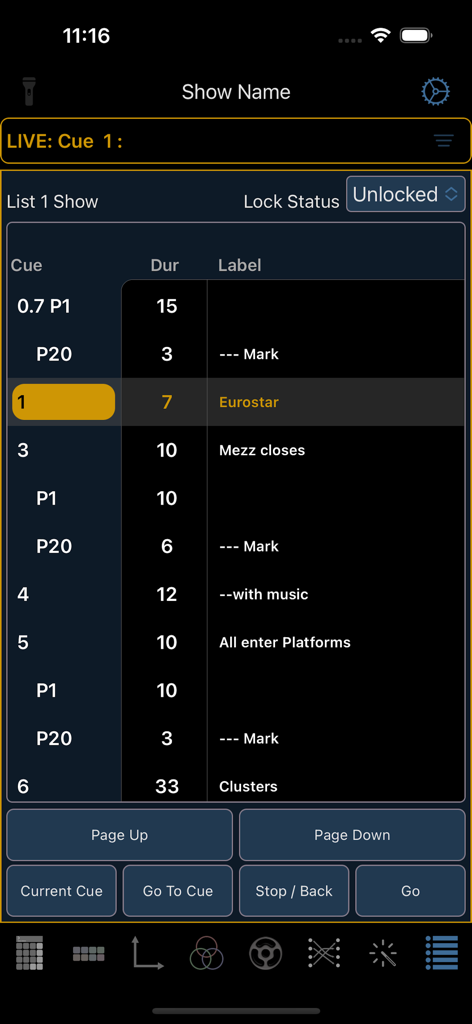 Eos Remote - Eos Remote app displaying a lighting cue list with playback controls.
