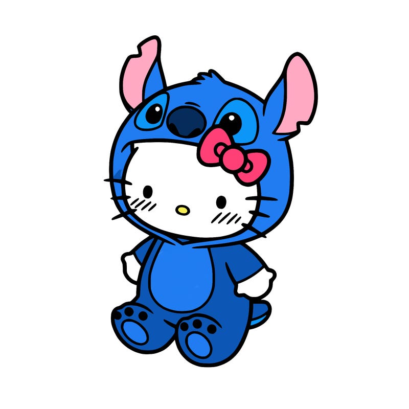 little cute hello kitty, blushing with little stitch costume