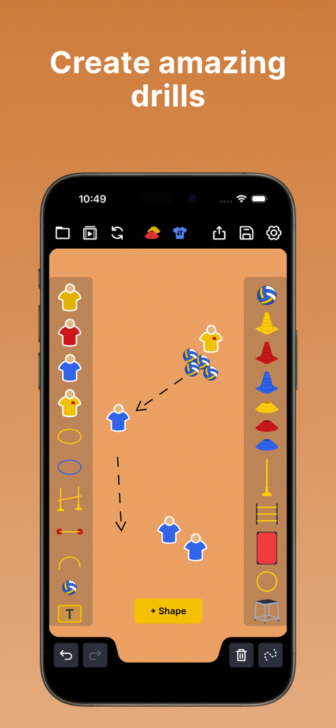 Interface of a volleyball coaching app showing a tactical board with player icons and training equipment to create drills.