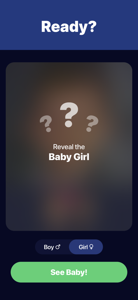 BabyLab app screen with a prompt to reveal an AI generated baby girl
