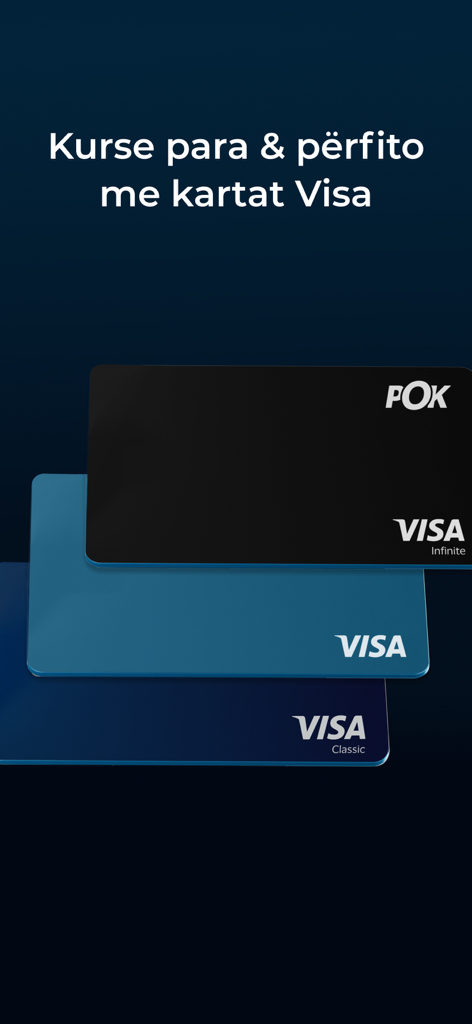 POK - Display of POK digital Visa cards including the Infinite and Classic tiers with marketing text in Albanian.