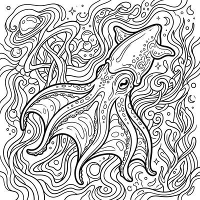 Explore the mysterious beauty of the deep sea with this captivating vampire squid coloring page, infused with a vibrant psychedelic style. Dive into a world of swirling patterns and intricate details, ready for your creative touch.