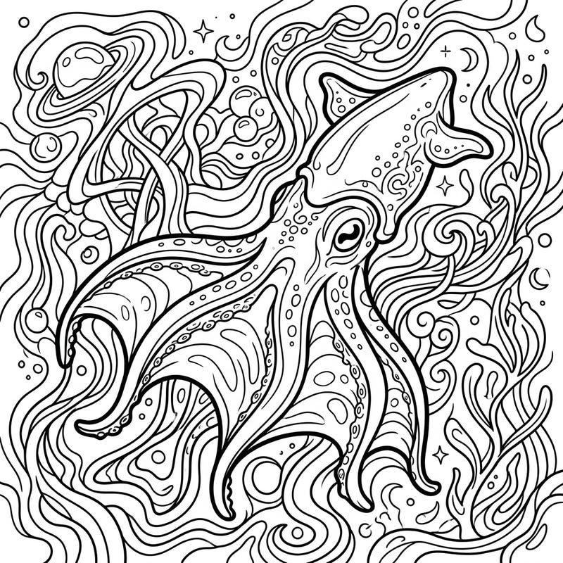 Explore the mysterious beauty of the deep sea with this captivating vampire squid coloring page, infused with a vibrant psychedelic style. Dive into a world of swirling patterns and intricate details, ready for your creative touch.