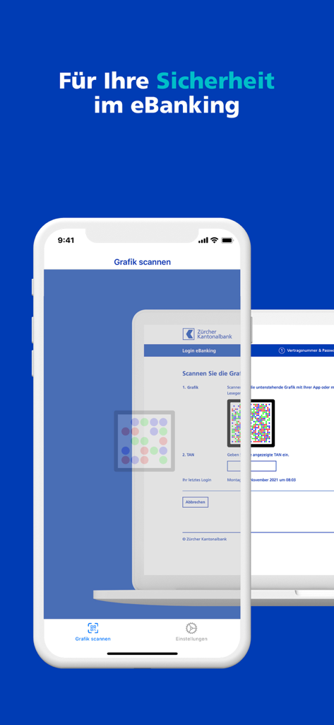Ecrã de smartphone a digitalizar um gráfico de login seguro num portátil para segurança de eBanking do ZKB Access