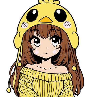 anime girl with chick shaped hat with sweater with bare shoulders with bangs covering them one eye with low tail
