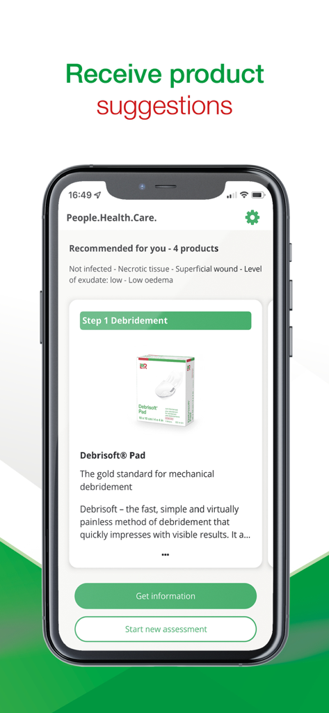 WoundNavi - 医療処置のために推奨されるデブリードマンパッドが表示されるWoundNaviアプリのスクリーンショット。