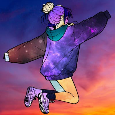 realistic girl jumping with a bun and oversized sweatshirt