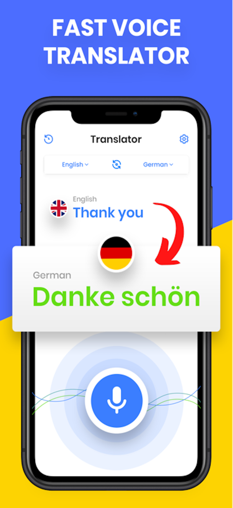Translate All Language ® - Mobile app interface showing fast voice translation from English to German with language flags