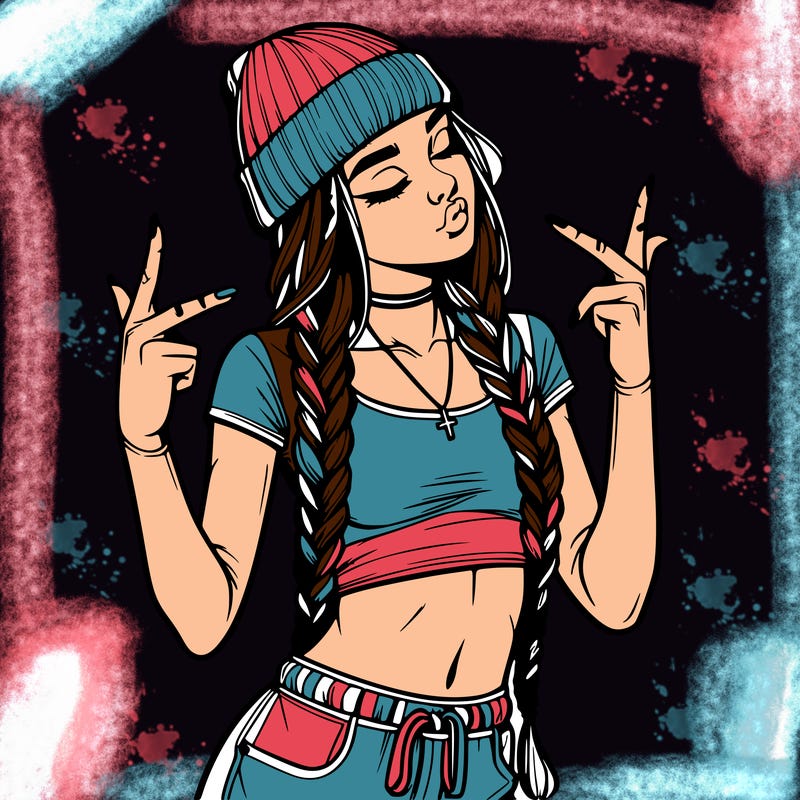 realistic teenage girl with braids and a beanie and crop top doing 🫶🏼