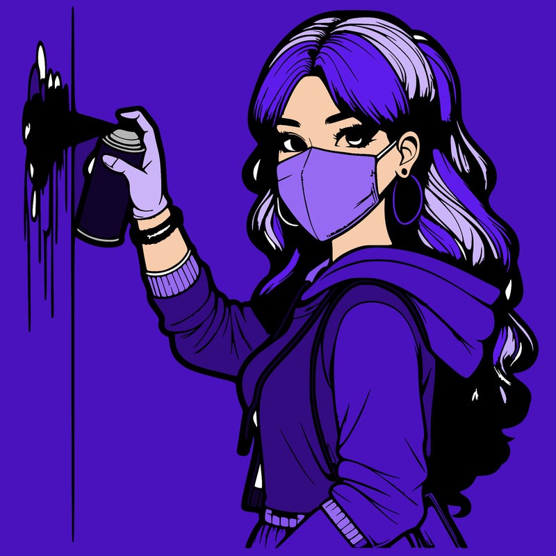 realistic girl with mask spray painting a wall