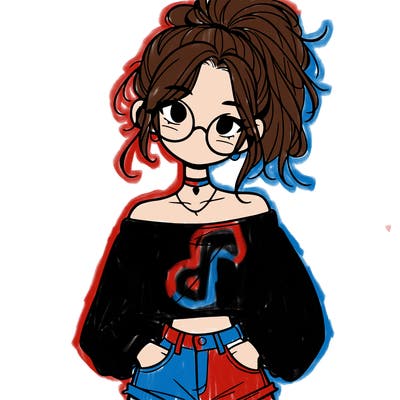 girl with a messy ponytail glasses a baggy crop top and jean shorts