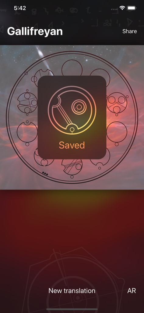 Gallifreyan translator app showing a saved circular design with a space background
