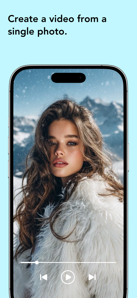 Wave AI: Image & Video Maker - Wave AI app interface showing a single photo of a woman in a snowy landscape being transformed into a video.