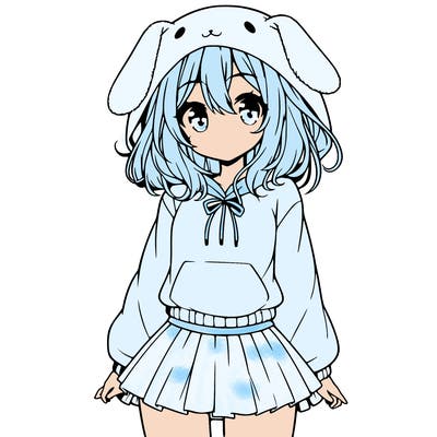 pretty anime girl wearing a fluffy hoodie with bunny ears on the hood and a skirt