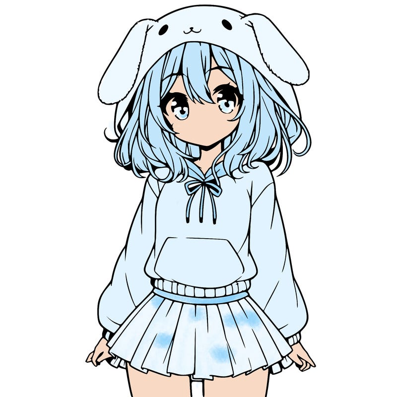 pretty anime girl wearing a fluffy hoodie with bunny ears on the hood and a skirt