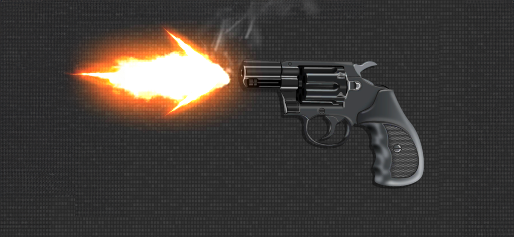 A digital simulation of a black revolver firing with a bright orange muzzle flash and smoke flash effect.