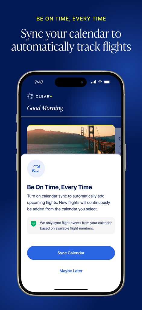 CLEAR App-Bildschirm zum Synchronisieren eines Kalenders, um anstehende Flüge automatisch zu verfolgen