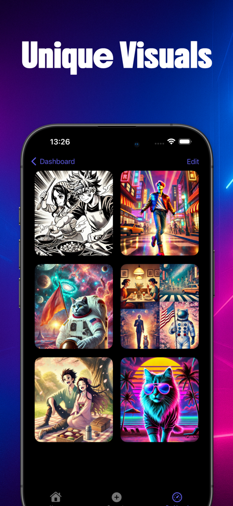 AI Anime Art Generator Villor - Un smartphone affichant une galerie de divers styles d'art générés par IA, y compris des illustrations manga anime et synthwave