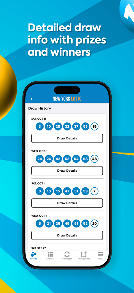 NY Lotto Results - 당첨 번호 및 날짜가 있는 뉴욕 로또 추첨 내역 화면