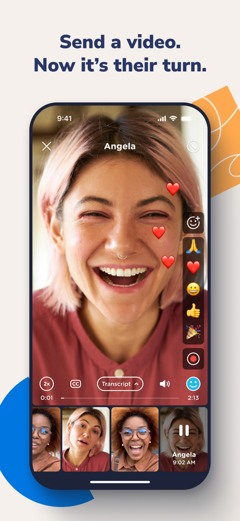 A woman smiling while recording a private video message on the Marco Polo app with heart emoji reactions
