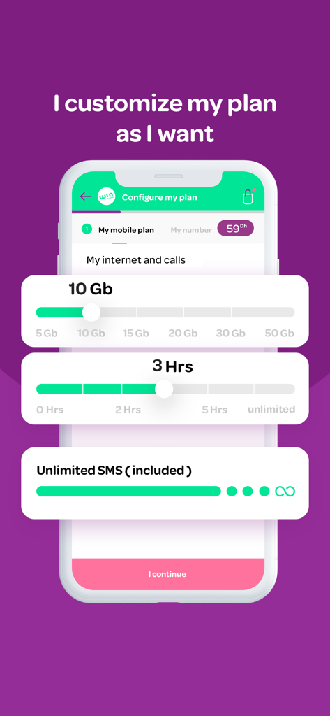 win by inwi - Interface de l'application mobile montrant des curseurs pour personnaliser les données internet et les minutes d'appels d'un forfait mobile win by inwi.